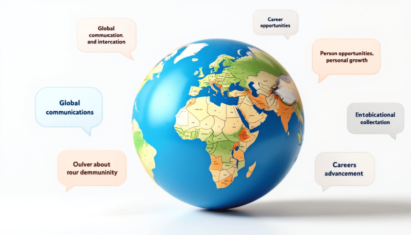세계 소통, 개인 성장, 커리어 향상에 중요한 영어를 상징하는 지구본과 영어 문구가 담긴 말풍선들