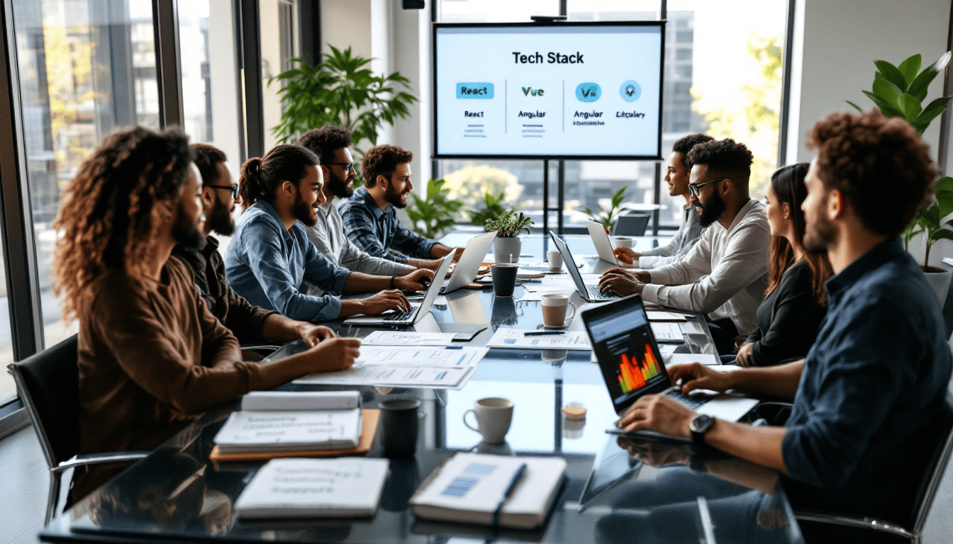 프론트엔드 라이브러리 기술 선정 과정을 논의하는 다양한 개발자 팀의 모습