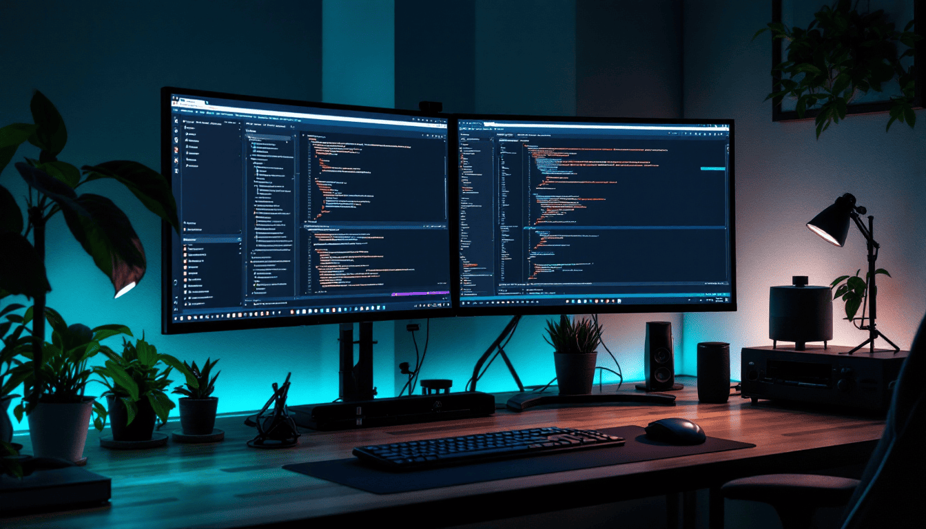 Next.js 성능 최적화와 SEO 향상 지표가 표시된 웹 개발자 작업 공간