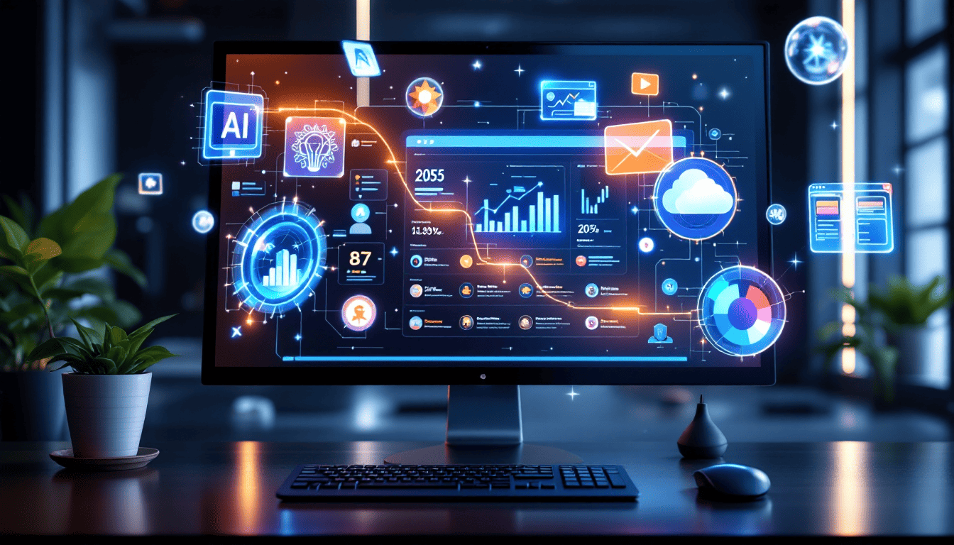 2025년 프론트엔드 개발 미래를 상징하는 AI, 머신러닝, 서버리스 아키텍처 아이콘이 떠다니는 최첨단 작업 공간의 화면