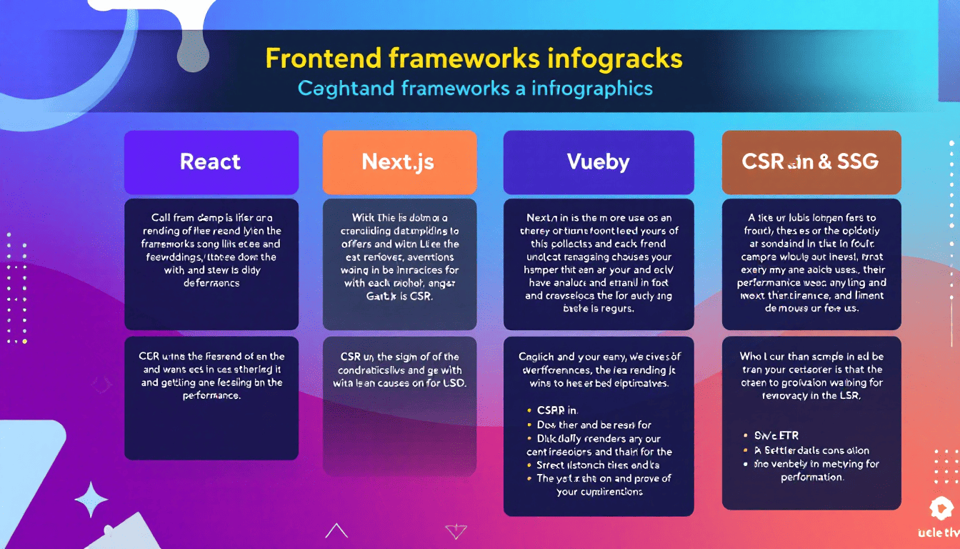 React, Next.js, Gatsby, Vue.js, Svelte 프런트엔드 라이브러리의 렌더링 방식과 최적화 기능을 비교하는 인포그래픽 이미지