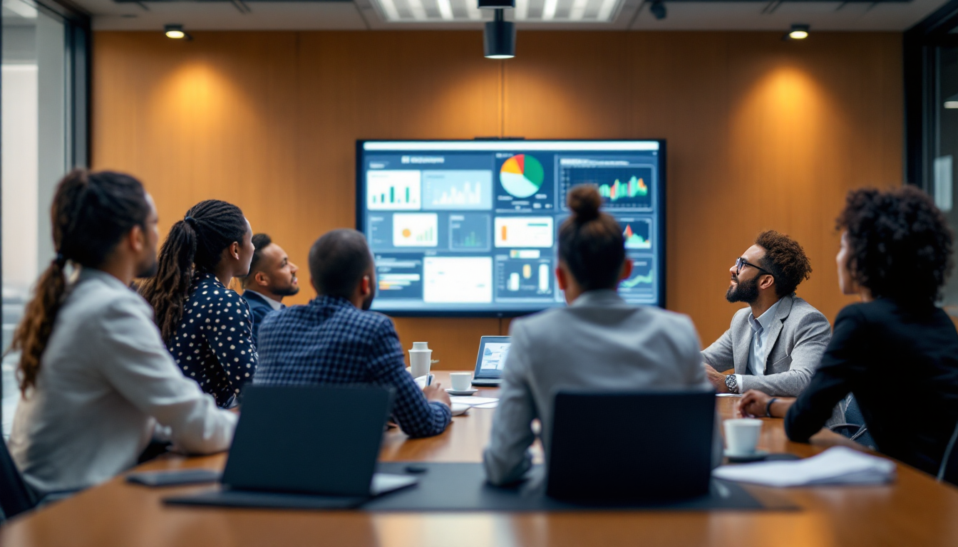 다양한 전문가들이 IT 거버넌스 회의에서 조직 구조와 IT 자원 관리 전략을 검토하는 모습