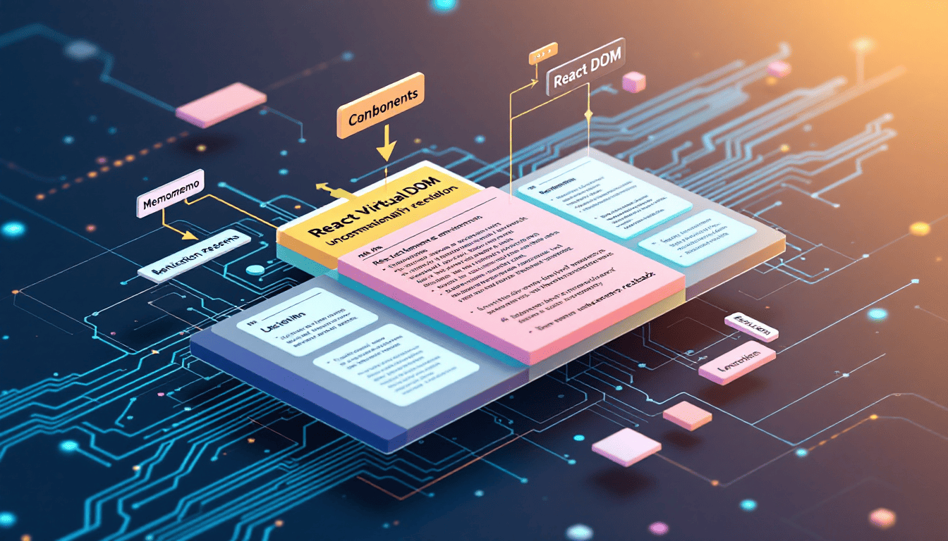 React Virtual DOM과 메모이제이션을 통한 불필요한 리렌더링 감소를 설명하는 시각화 이미지
