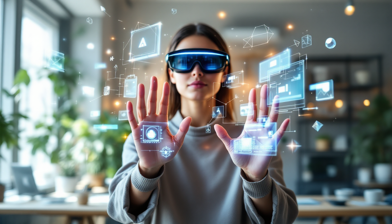공간 컴퓨팅 기술로 AR 안경을 착용하고 3D 디지털 객체와 상호작용하는 모습