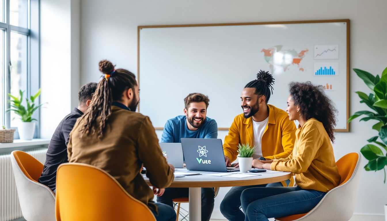 2025년 프로젝트 특성에 맞는 프론트엔드 라이브러리 선택 가이드를 설명하는 개발자 회의 장면.