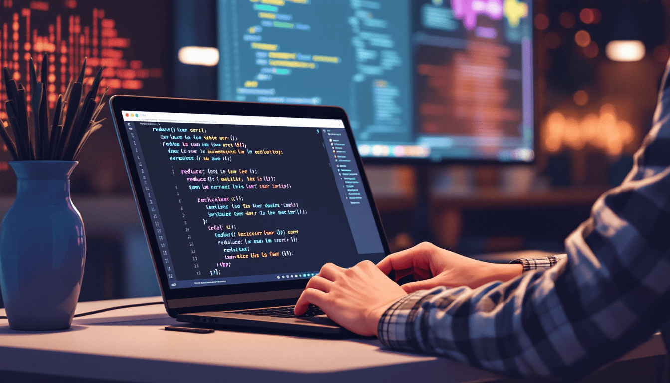 JavaScript reduce 함수를 사용해 배열의 숫자를 합산하는 코드를 타이핑하는 개발자 이미지