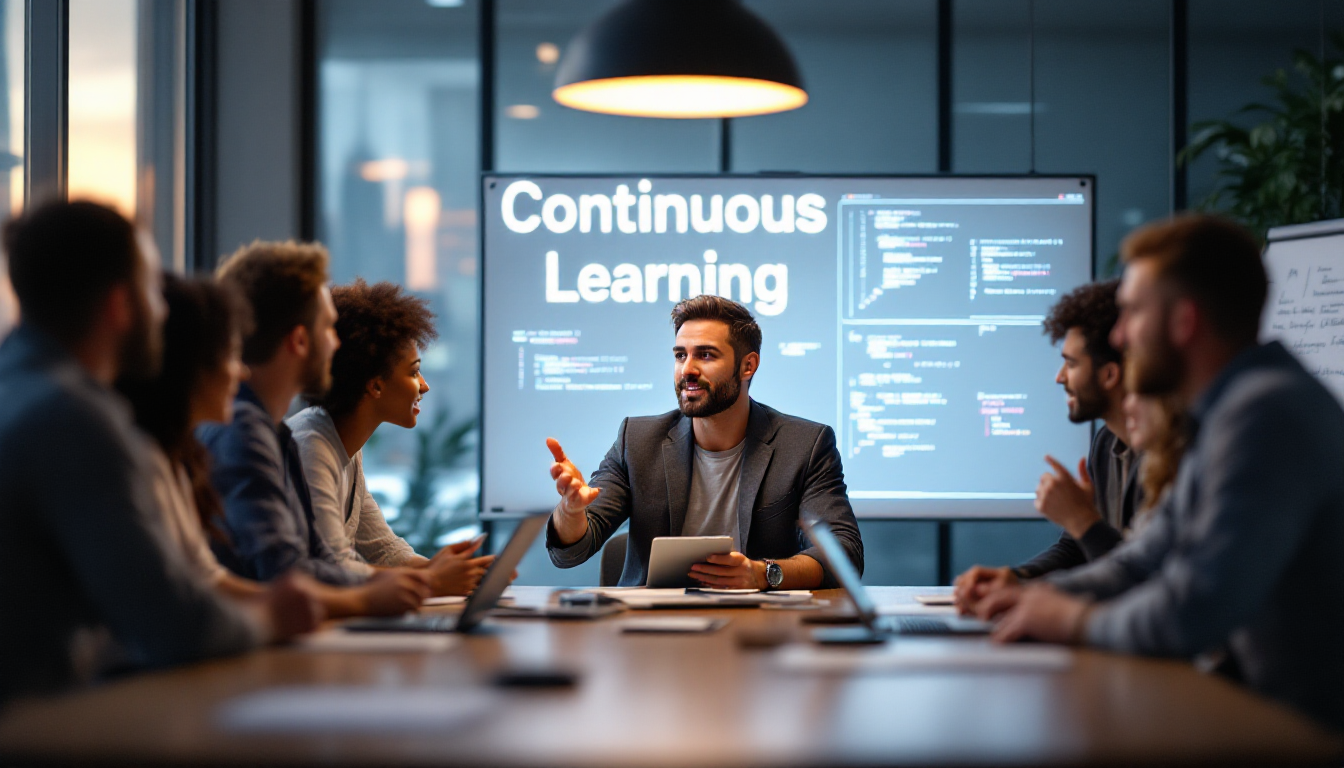 성공적인 커리어를 위한 꾸준한 학습과 팀 협업의 중요성을 나타내는 프론트엔드 개발자 이미지