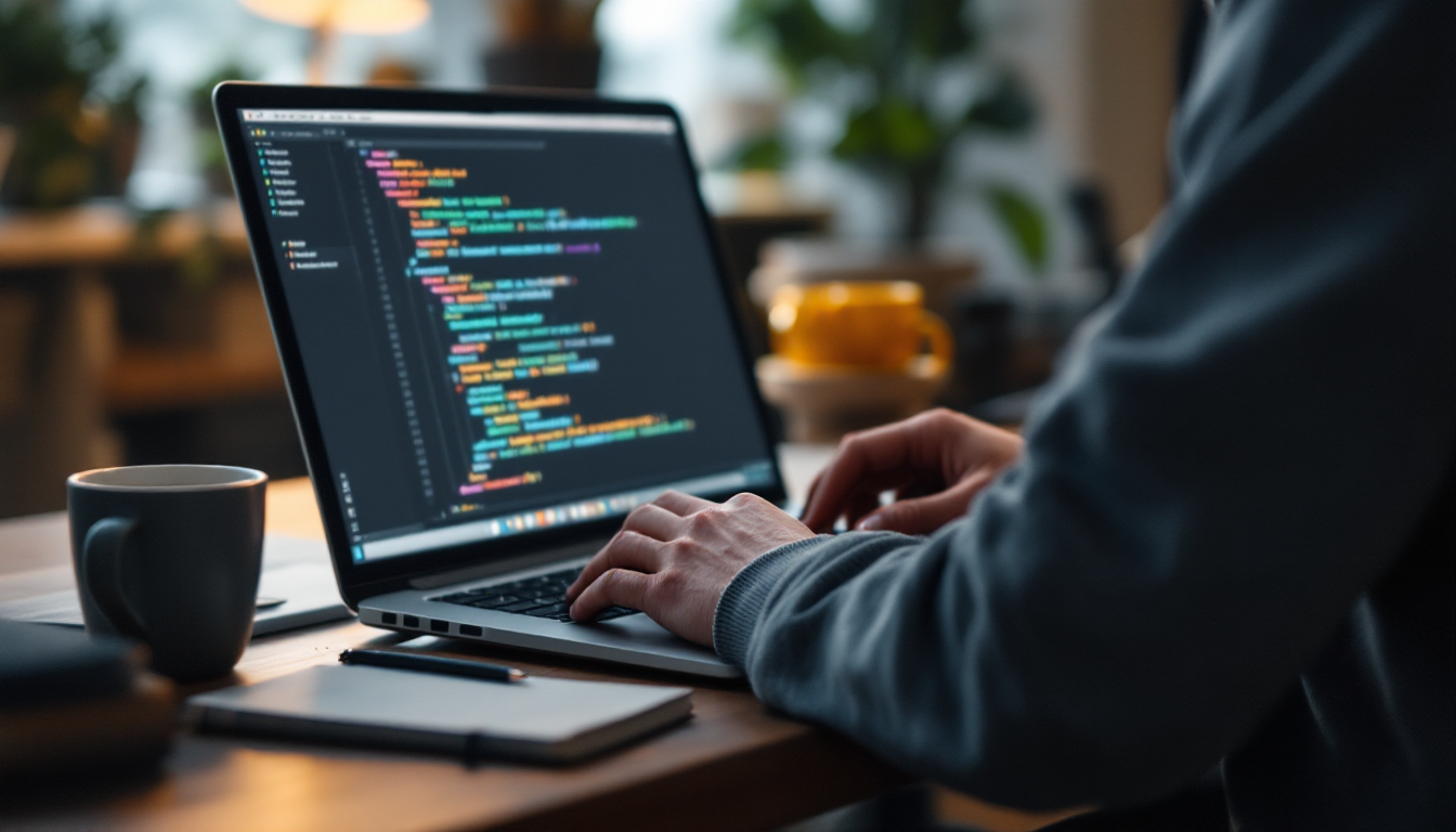 API 연동과 Zustand 상태 관리를 구현하는 현대 웹 개발자가 노트북으로 작업하는 모습