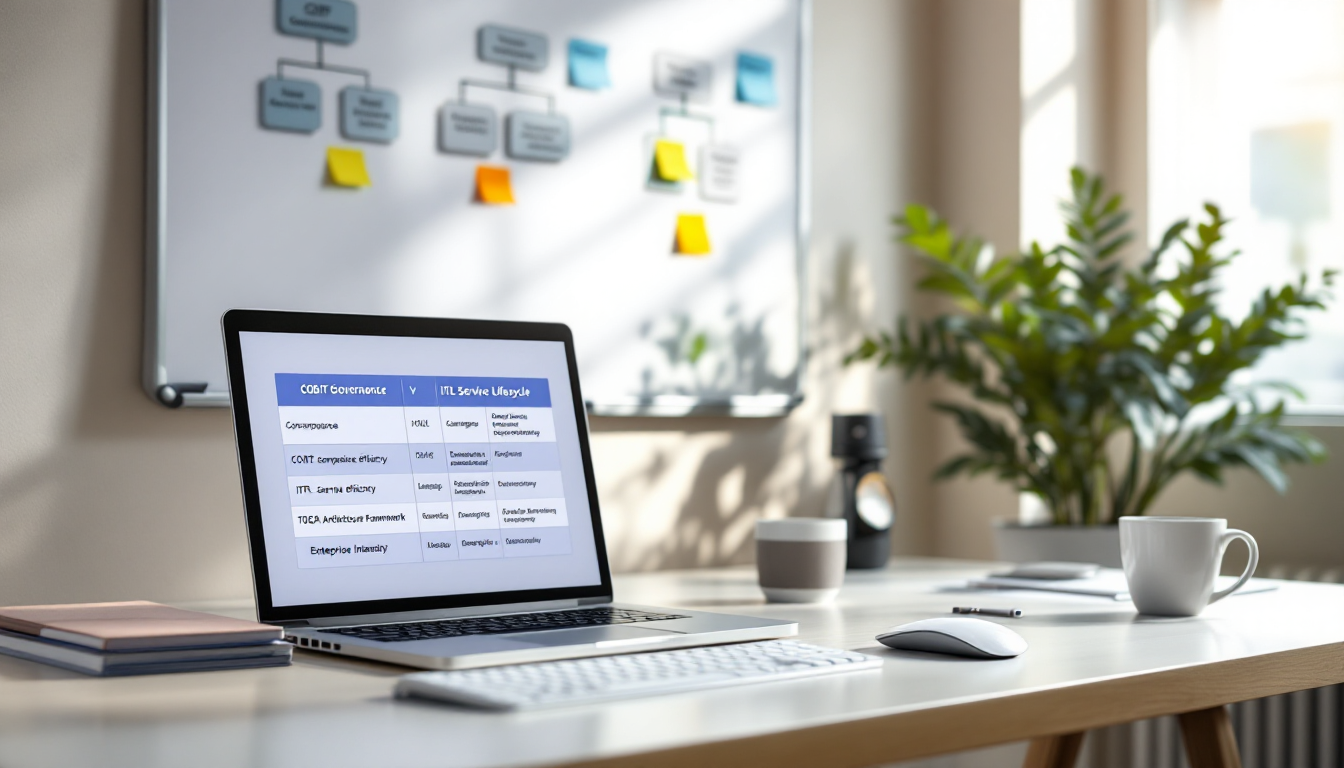 COBIT, ITIL, TOGAF 프레임워크의 특징과 장단점을 비교하는 문서와 다이어그램이 놓인 전문적인 작업 공간