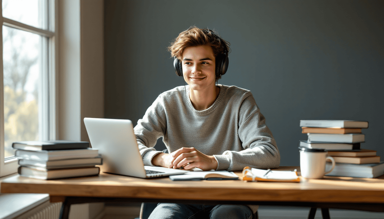 영어 회화 학습 동기 부여를 상징하는 노트북과 영어 학습 자료 앞에 앉아 있는 집중하는 젊은이