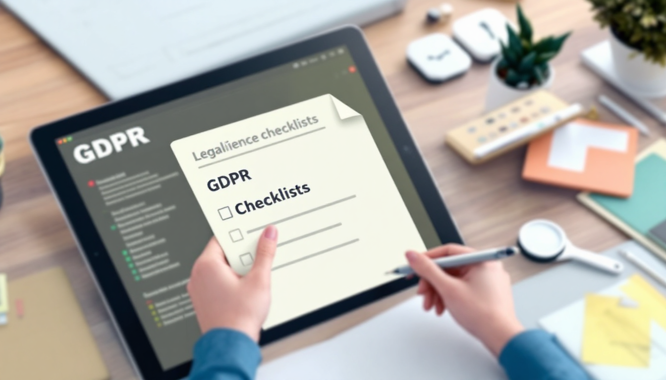 AI 개발 및 활용 시 GDPR과 개인정보보호법 준수를 강조하는 법률 문서와 체크리스트 이미지