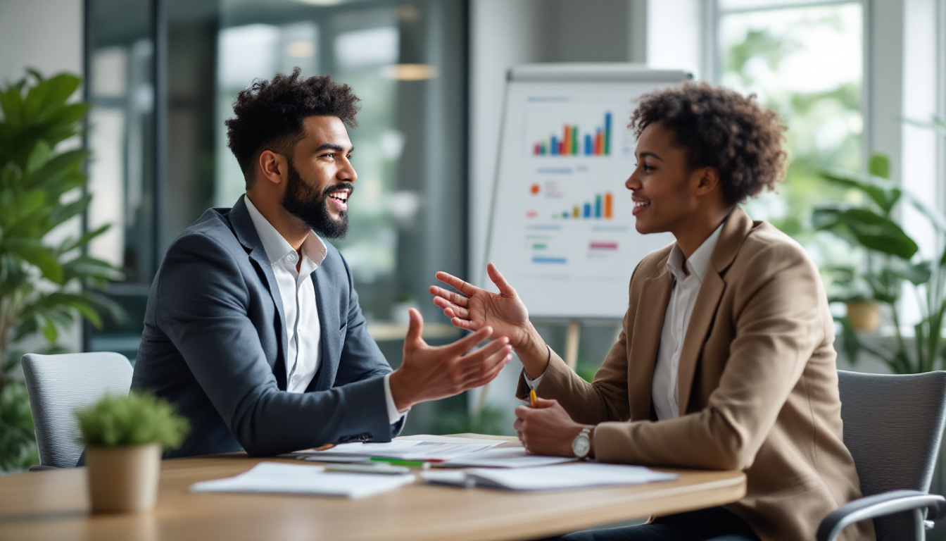 프론트엔드 개발자의 연봉 협상 전략과 시장 조사 과정을 보여주는 사무실 내 협상 장면
