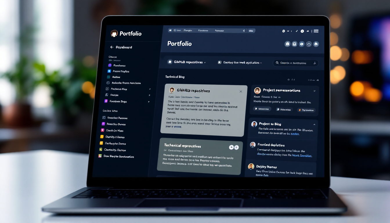 포트폴리오와 연계된 GitHub, 블로그, 배포 링크를 보여주는 현대적인 포트폴리오 웹페이지 화면