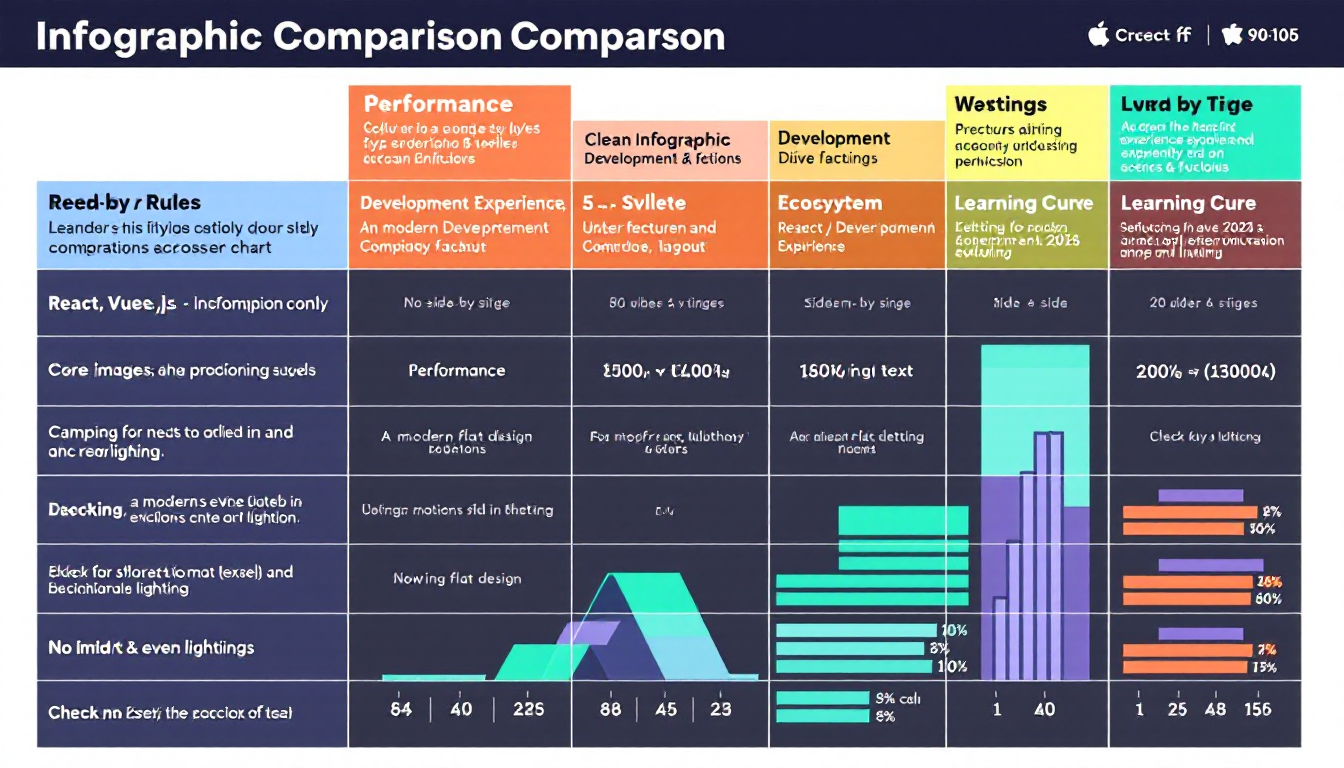 2025년 React, Vue, Svelte의 성능, 개발 경험, 생태계, 학습 곡선 비교 인포그래픽.