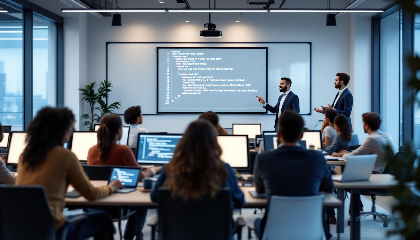 국비지원 프론트엔드 교육 프로그램에 참여하는 학생들과 교육 현장 모습