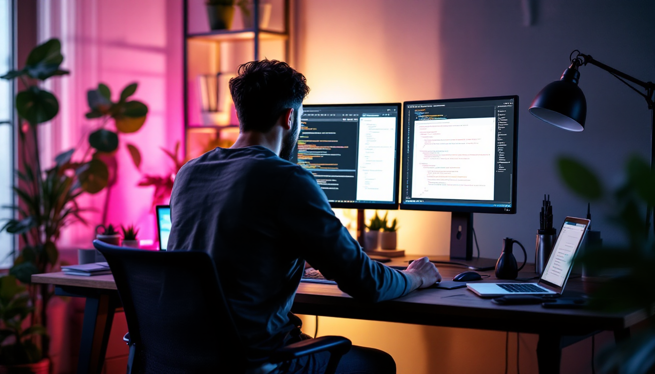 프론트엔드 개발자가 컴퓨터로 웹 인터페이스를 설계하고 구현하는 모습