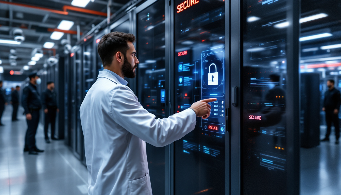 데이터 프라이버시 및 GDPR과 같은 보안 규제 준수를 강조하는 안전한 데이터 센터 이미지