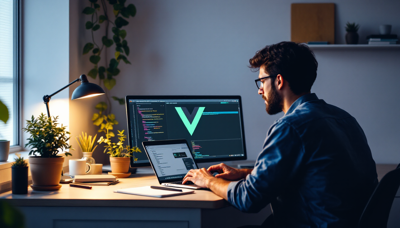 중소규모 프로젝트에서 Vue.js를 사용하여 개발하는 개발자의 모습.