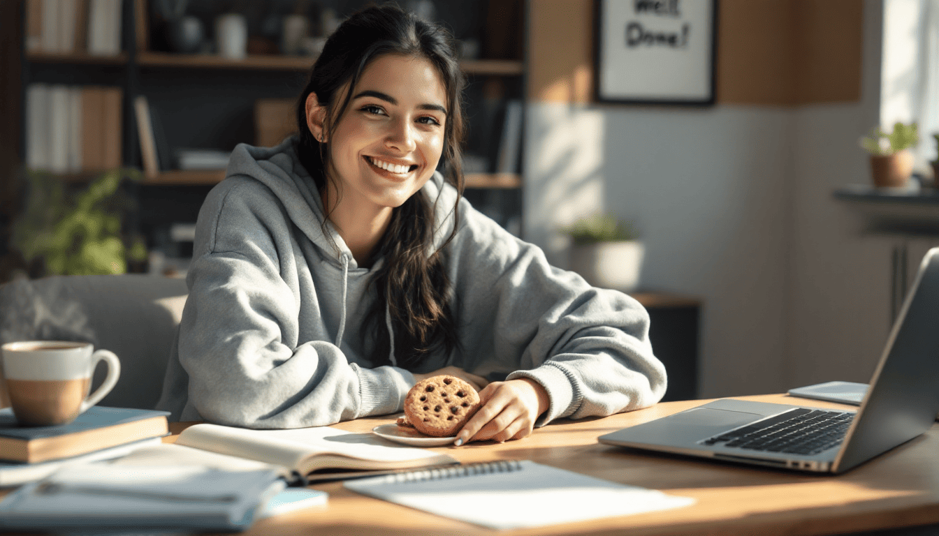 학습 목표 달성 후 작은 보상으로 간식이나 영화를 즐기는 모습