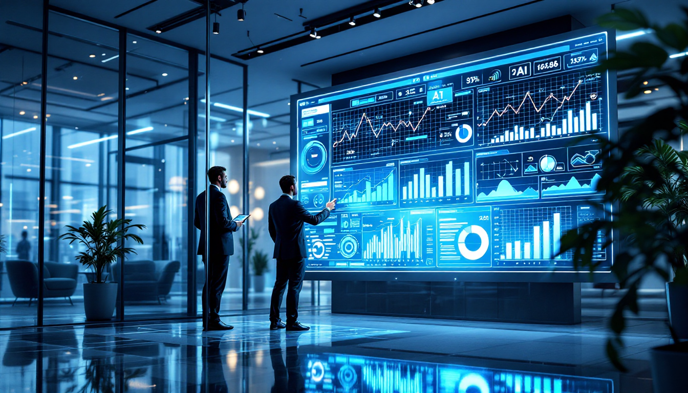 경영진이 AI 기반 데이터 분석 대시보드를 보며 의사결정을 하는 미래지향적인 사무실 풍경