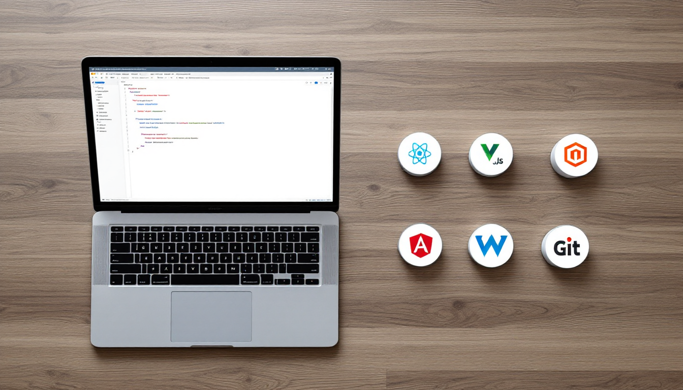 프론트엔드 개발 필수 기술 스택과 도구를 보여주는 책상 위 정돈된 도구들