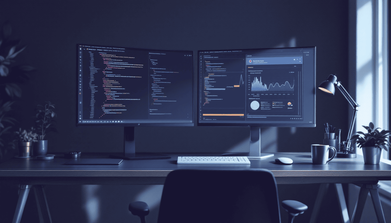 React와 Next.js 코드를 보여주는 최신 웹 개발 작업 공간과 성능 지표 화면