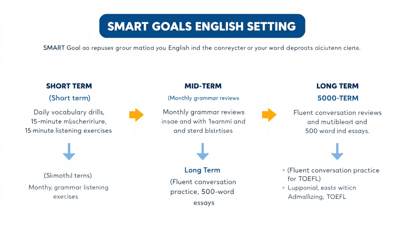 영어 학습을 위한 SMART 목표 설정과 구체적인 실행 계획을 보여주는 인포그래픽