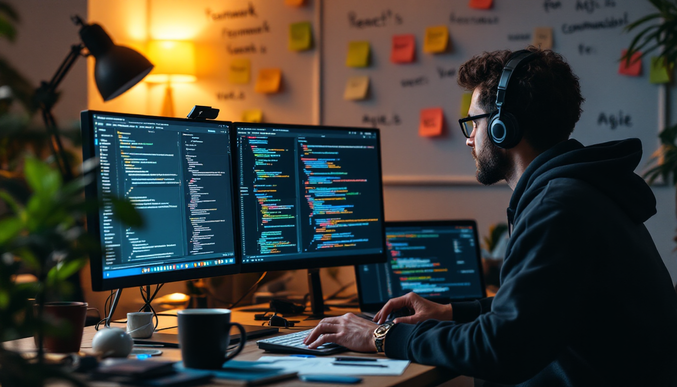 프론트엔드 개발자의 기술적 역량과 협업 능력을 나타내는 작업 환경 이미지