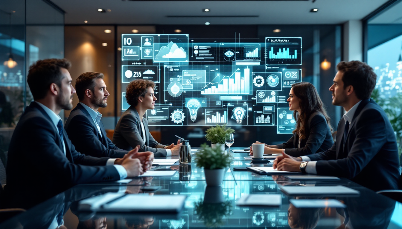 경영진들이 현대적인 회의실에서 디지털 전환과 IT 전략을 논의하는 모습