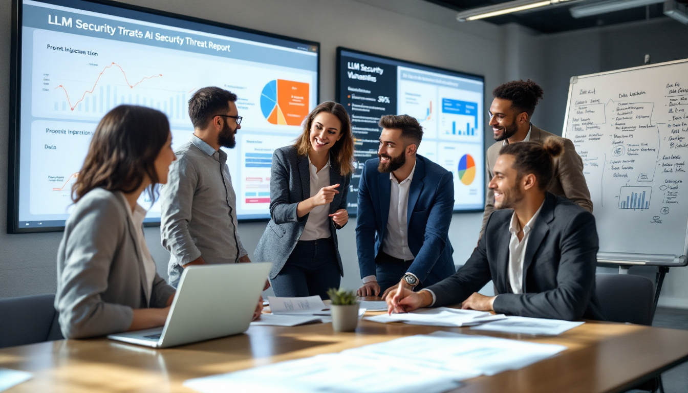 OWASP AI 보안 위협 보고서를 분석하는 전문가 팀과 대형 언어 모델 보안 위협 관련 자료 이미지