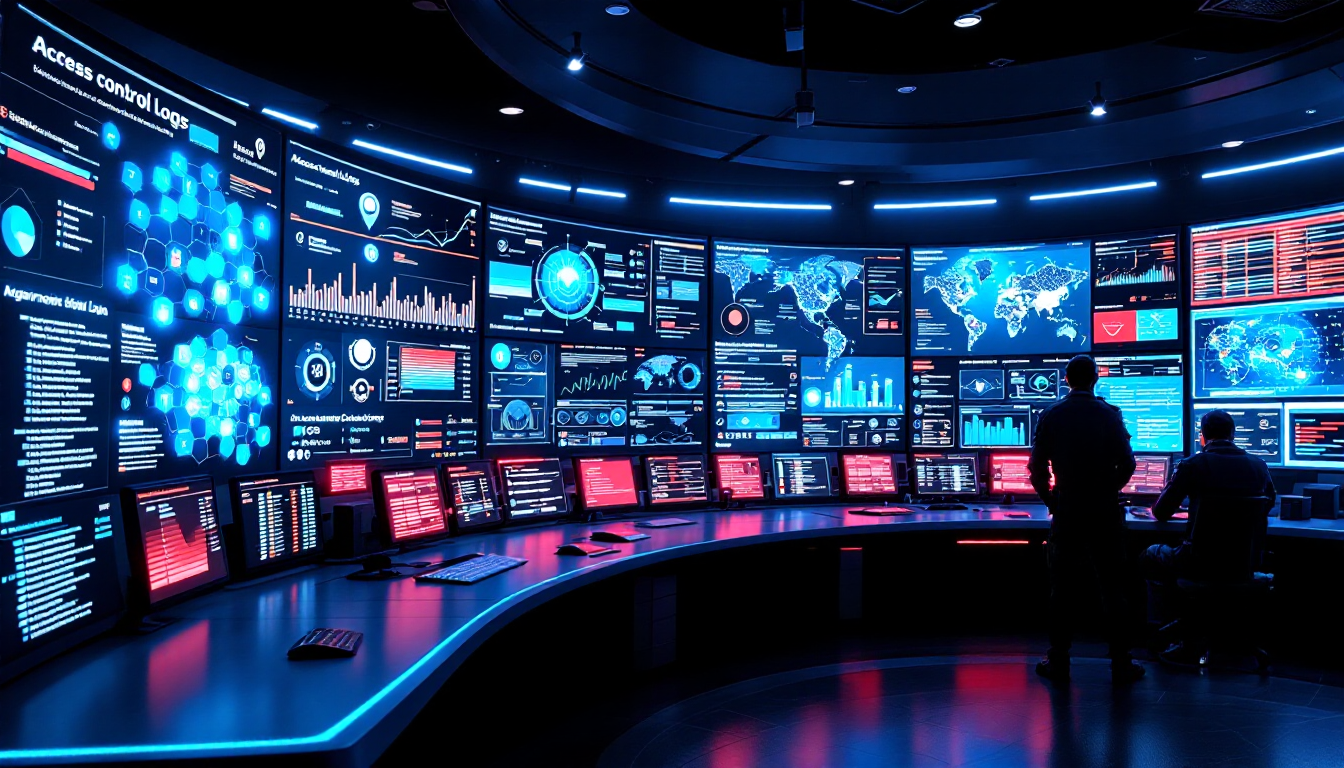 접근 제어, 데이터 암호화, 이상 행위 탐지 시스템을 보여주는 사이버 보안 관제실 이미지