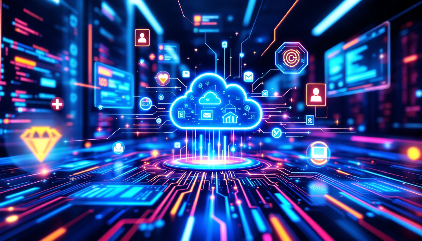 클라우드 컴퓨팅, DevOps 문화, IT 거버넌스 요소가 어우러진 디지털 전환 컨셉 이미지