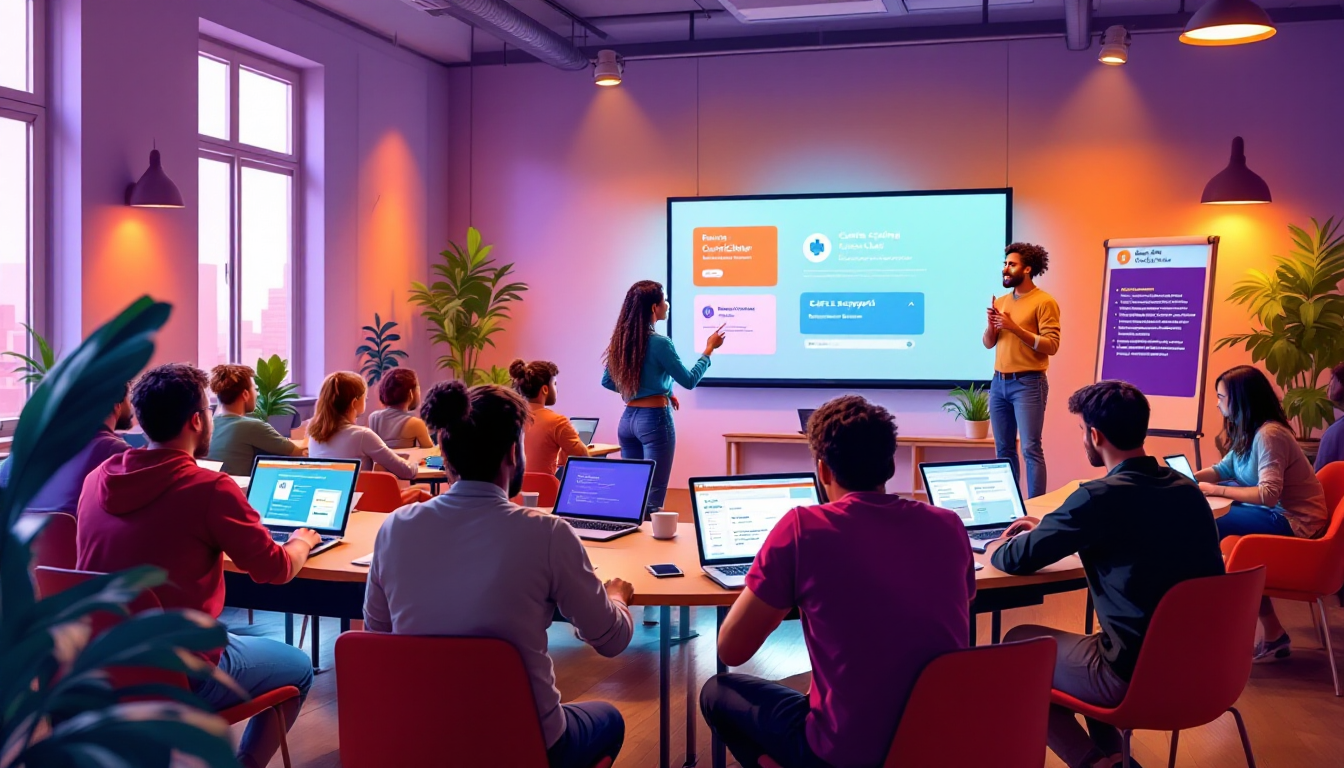 프론트엔드 부트캠프 강의 및 학습 분위기를 보여주는 활기찬 교실 장면